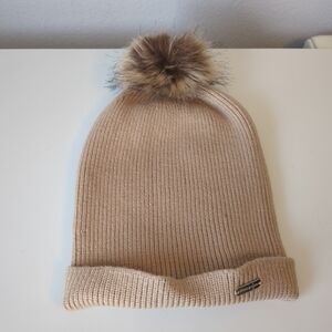 Steve Madden Winter Beanie Hat Tan Cuffed With Pompom One Size